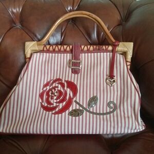 Striped Red and White Handbag with Floral Design